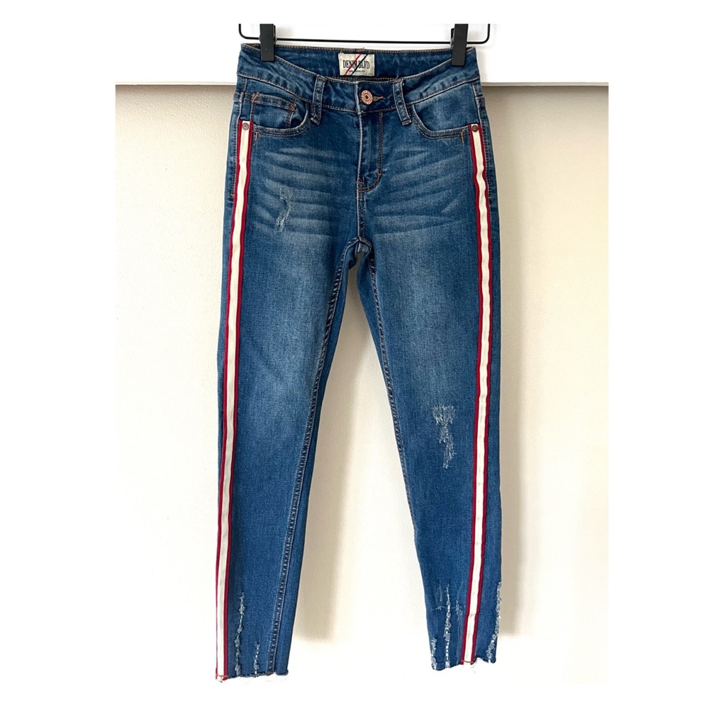 Denim BLVD LA | Distressed/Striped Skinny Jeans